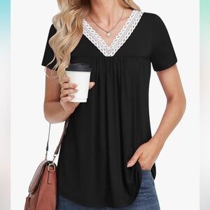 ALIGADUO Summer Loose Fit T-Shirts Lace Trim Collar V-Neck Tunic Size 3X